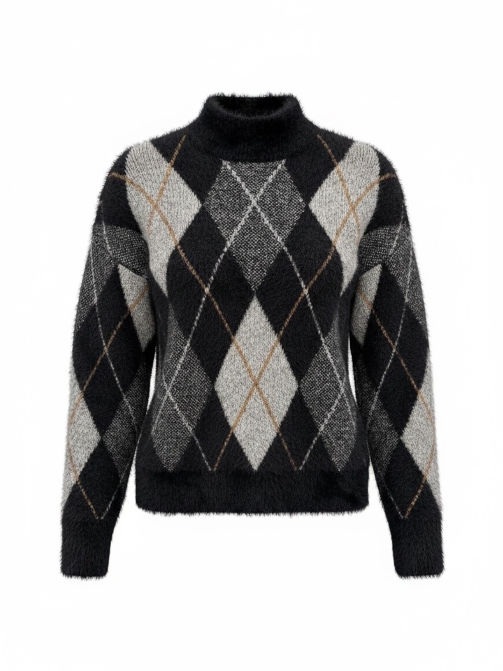 Marled Faux-Fur Fuzzy Argyle Turtleneck Sweater in Black and Gray